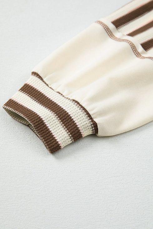 Colorblock Striped Patchwork Henley Pullover Top Exposed-Seam Drop-Shoulder